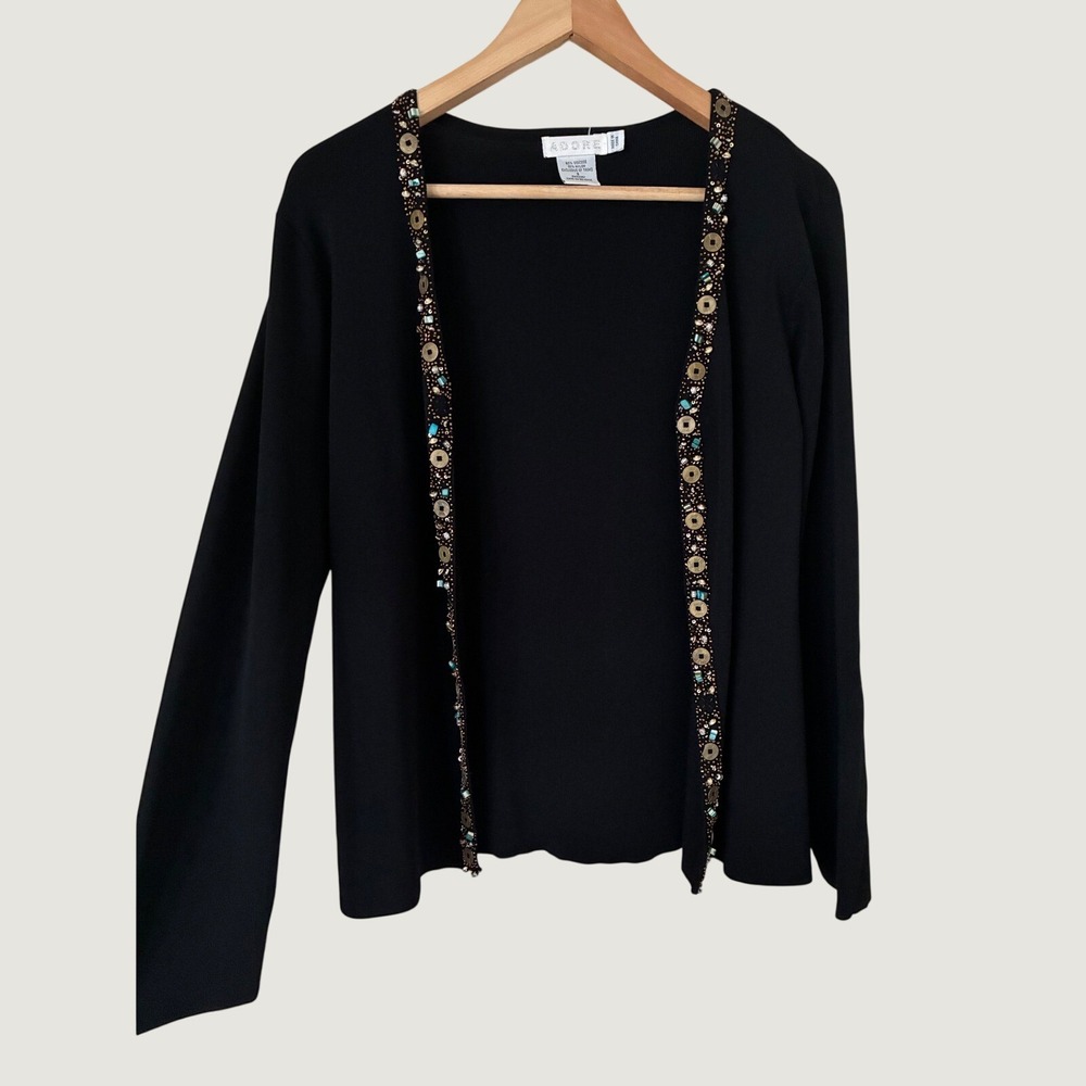 Adore VTG Black Beaded Coin Trim Open Front Cardigan Sweater Women S Boho Grunge